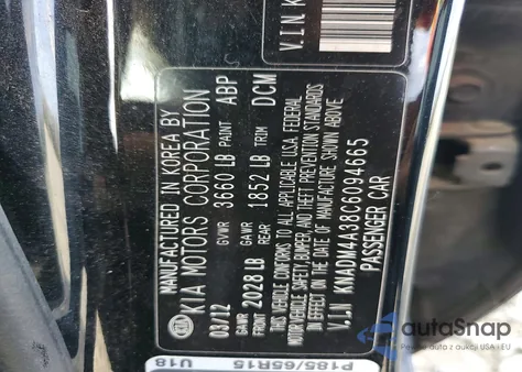 2012 Kia Rio Lx z USA, uszkodzony, nr VIN KNADM4A38C6094665